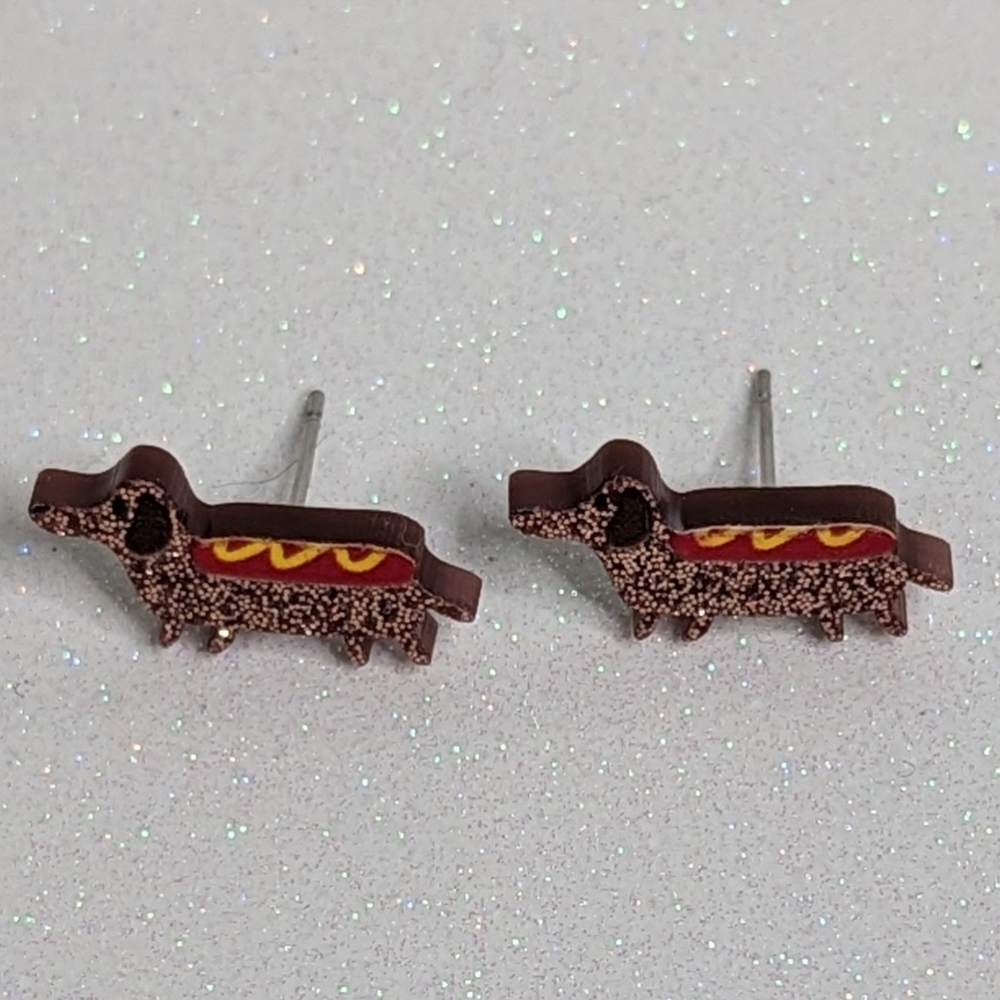 Dachshund Weiner Dog with Ketchup and Mustard Design Glitter Acrylic Earrings - Picture 4 of 6